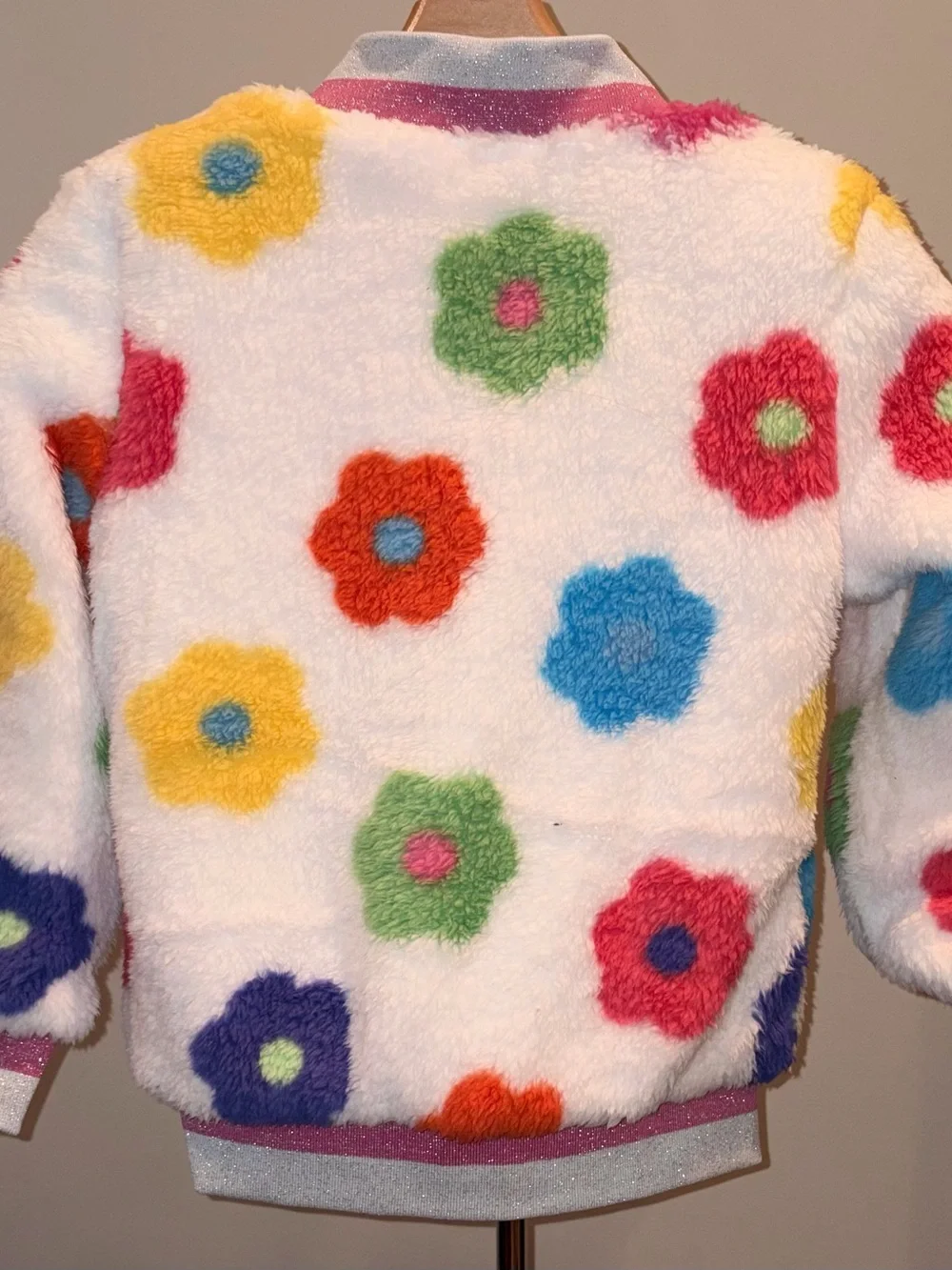 Lola and the Boys Rainbow Daisy Bomber Jacket girls Sz 6 fuzzy floral NWT